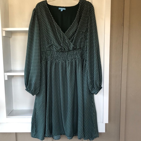 Draper James RSVP Green Polka Dot Smocked Waist Long Sleeve Midi Dress Size 1X - Picture 3 of 12